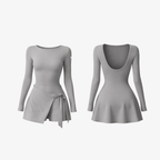 The Palm DrapeFit™ Wrap Romper in Mist Grey. A sculpting activewear romper with a feminine wrap-skirt detail, built-in long, and a soft second-skin feel designed for movement and everyday elegance.