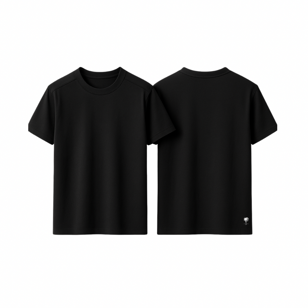 The Palm EasyFit Tee in black, front and back view on a clean white background. Minimalist crew neck short sleeve t-shirt designed for comfort and style. Timeless wardrobe staple in a deep black shade, shown flat without model.
