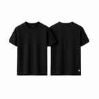The Palm EasyFit Tee in black, front and back view on a clean white background. Minimalist crew neck short sleeve t-shirt designed for comfort and style. Timeless wardrobe staple in a deep black shade, shown flat without model.
