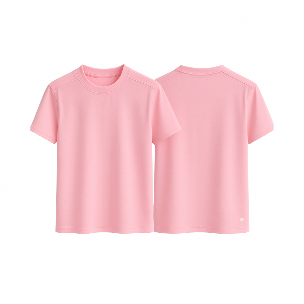 EasyFit™ Tee Classic in soft pink — front and back view of minimal short-sleeve t-shirt, clean seams, relaxed fit, displayed on a white background