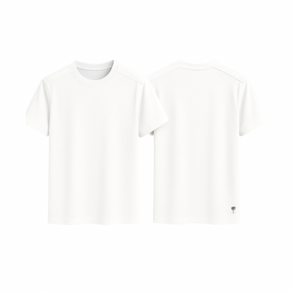 The Palm EasyFit™ Tee Classic in white, shown from both front and back on a white background. Lightweight cotton blend with a straight cut, soft touch, and timeless minimalist style.