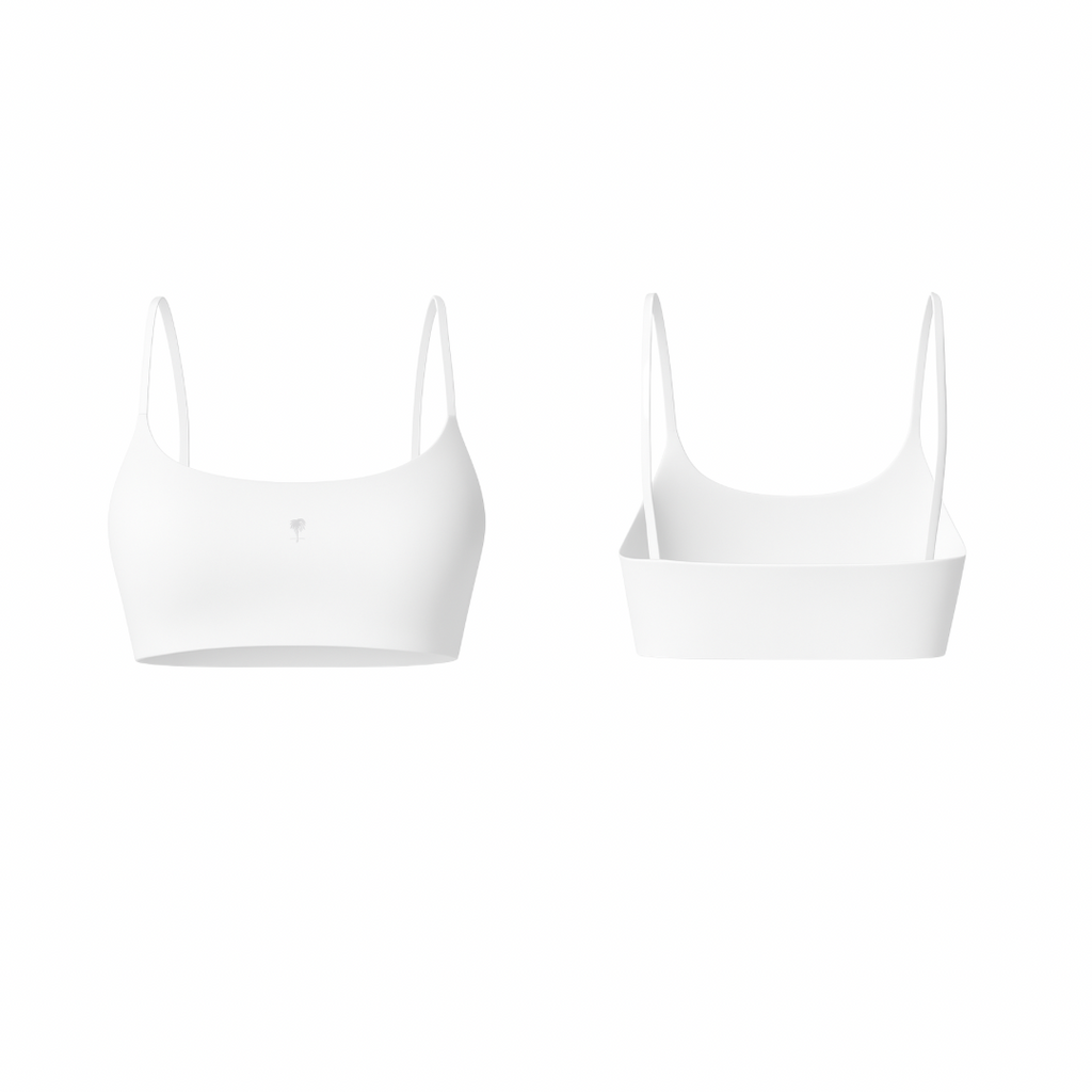 The Palm – FlexForm™ Bra in white. Minimalist seamless design with thin straps, second-skin comfort, and adaptive stretch for training or everyday wear.