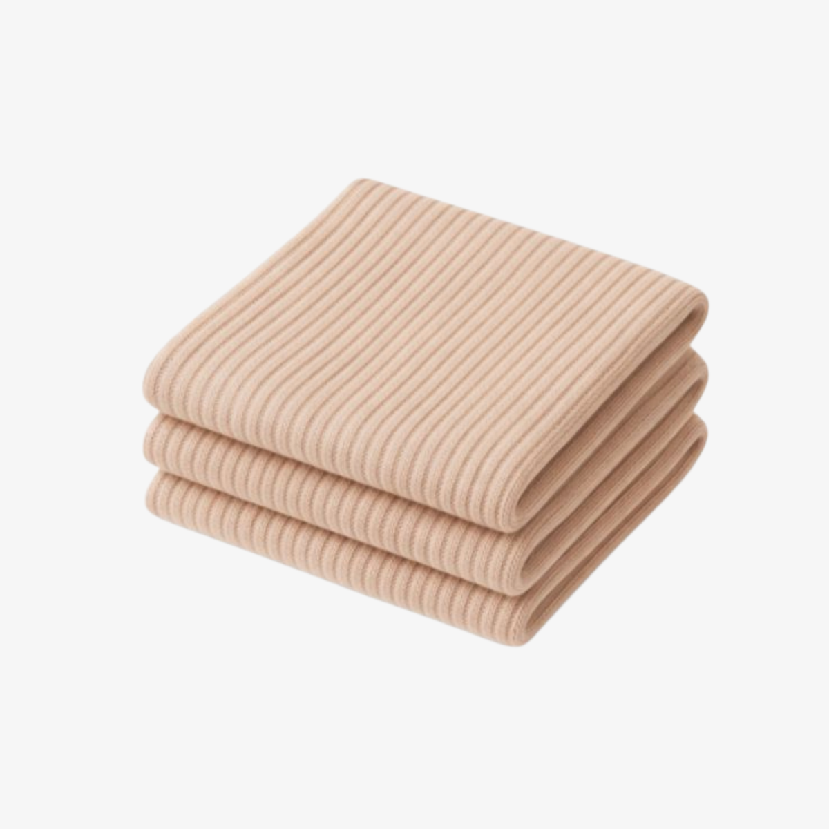 The Palm FlexLong™ rib-knit leg warmers in Beige, neutral tone cozy knit leg warmers shown folded.