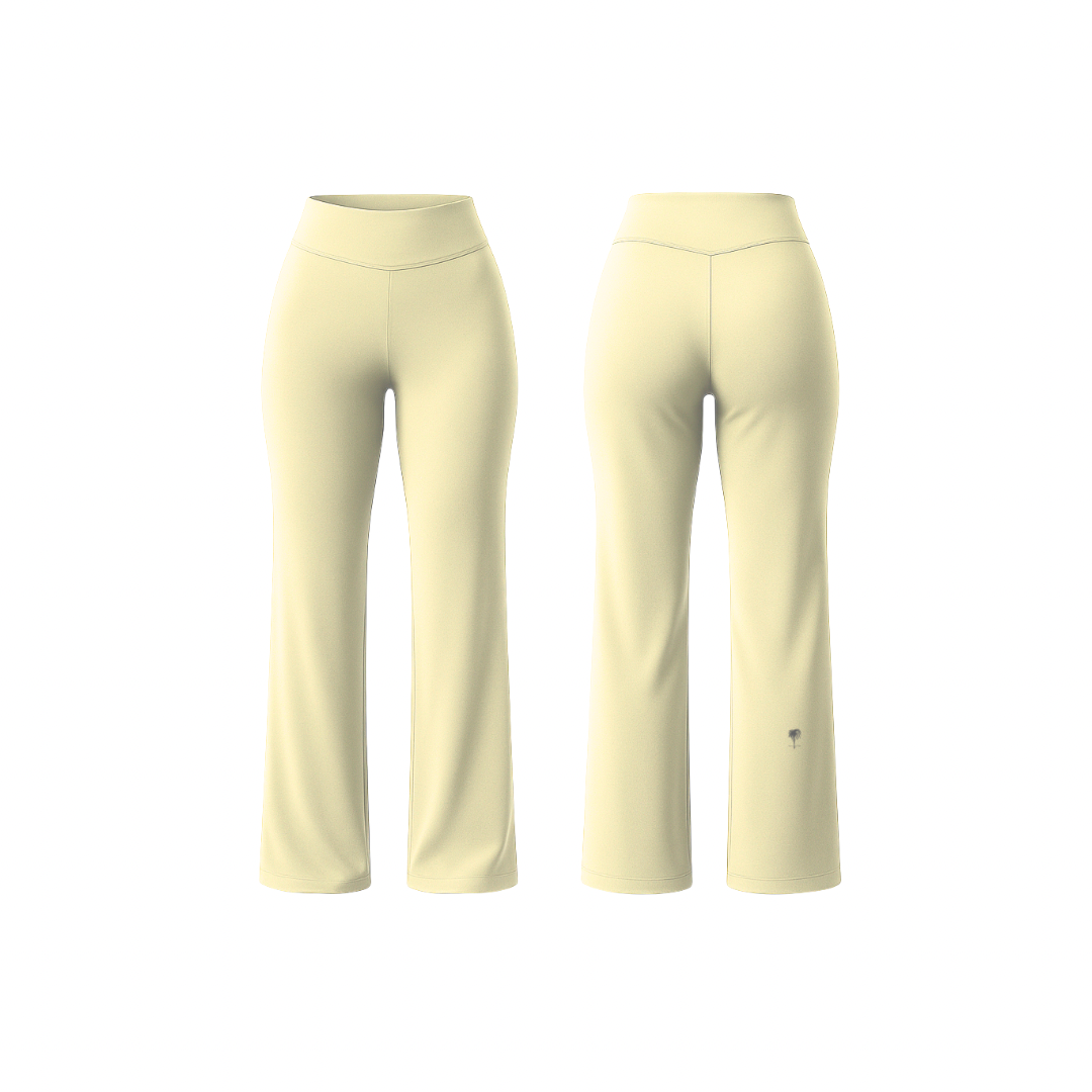 FlowFit™ leggings by The Palm in butter cream — high-waisted sculpting flare silhouette with smooth seams and a second-skin finish, shown from front and back on a clean white background.