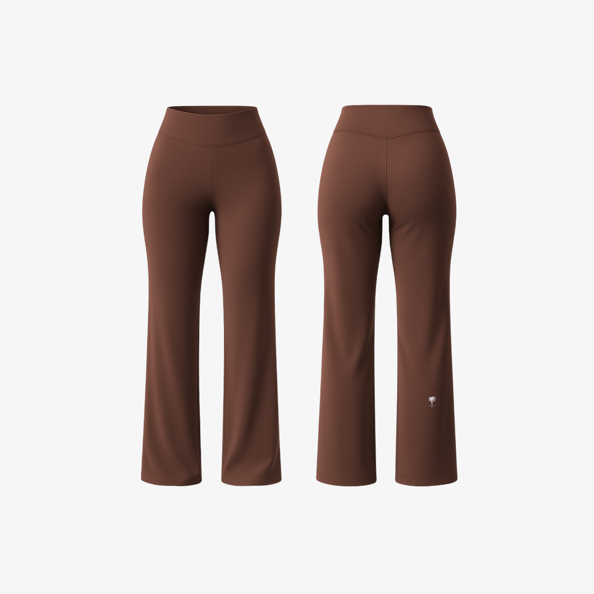The Palm FlowFit™ Leggings in Coffee Brown. Sculpted high-waist design in a rich, earthy tone with a soft, body-contouring fabric and subtle flared leg.