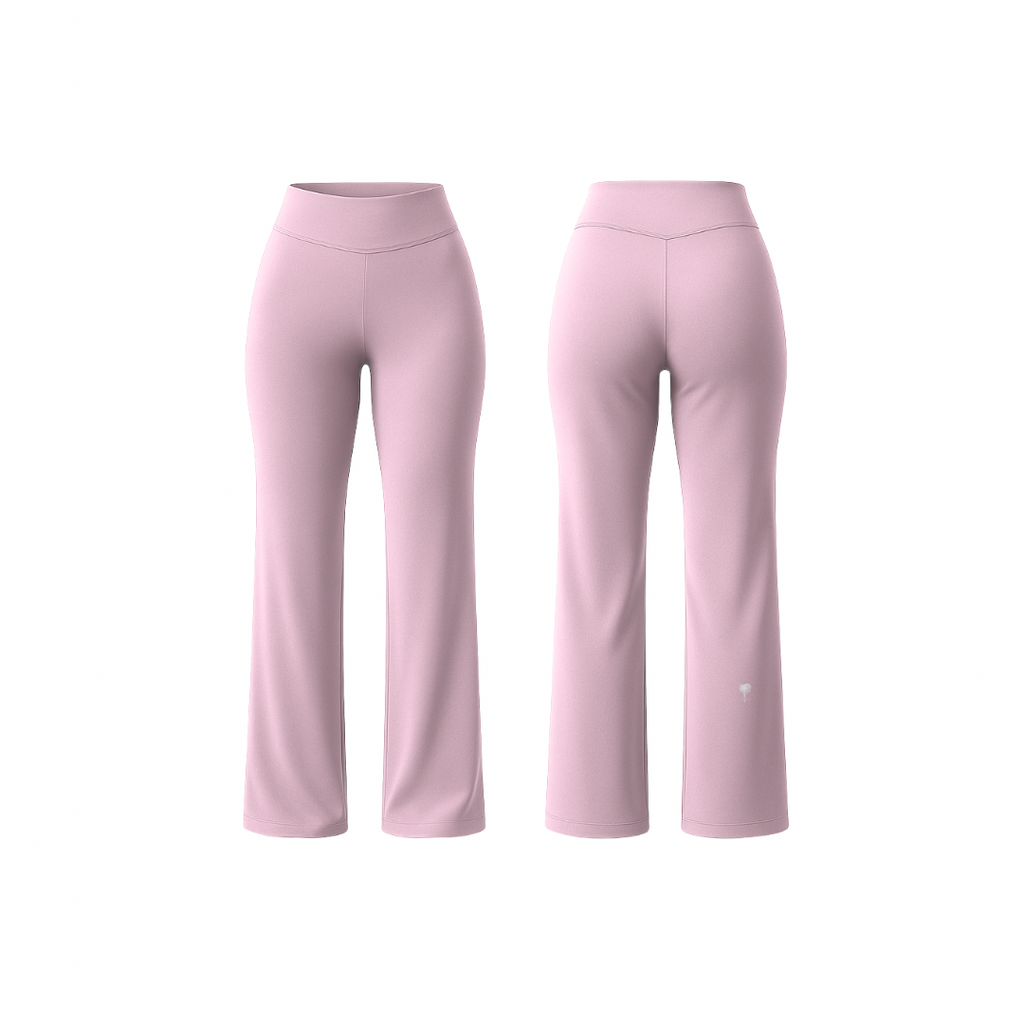 FlowFit™ leggings by The Palm in dusty pink — high-waisted sculpting flare silhouette with smooth seams and a second-skin finish, shown from front and back on a clean white background.