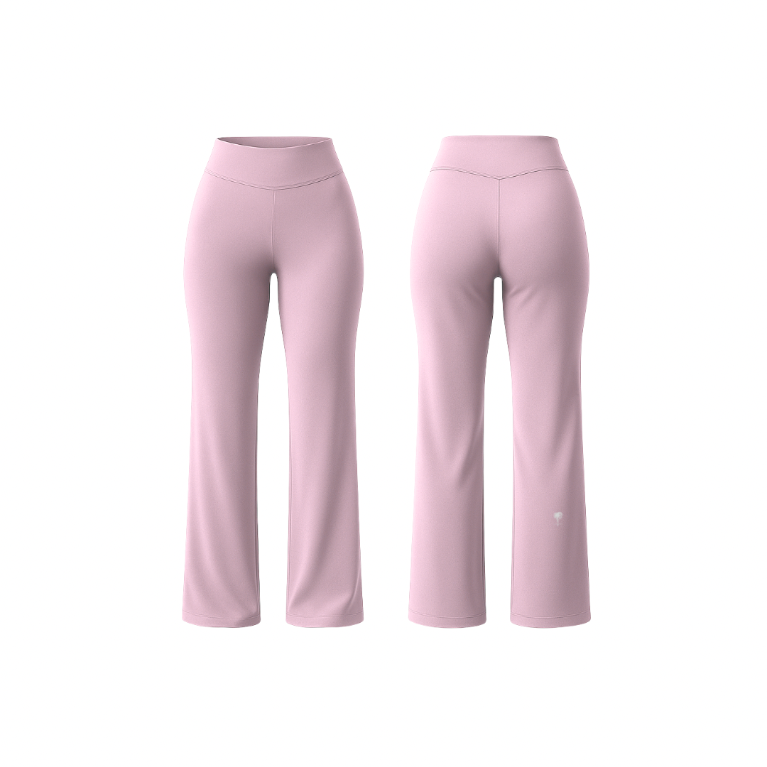FlowFit™ leggings by The Palm in dusty pink — high-waisted sculpting flare silhouette with smooth seams and a second-skin finish, shown from front and back on a clean white background.