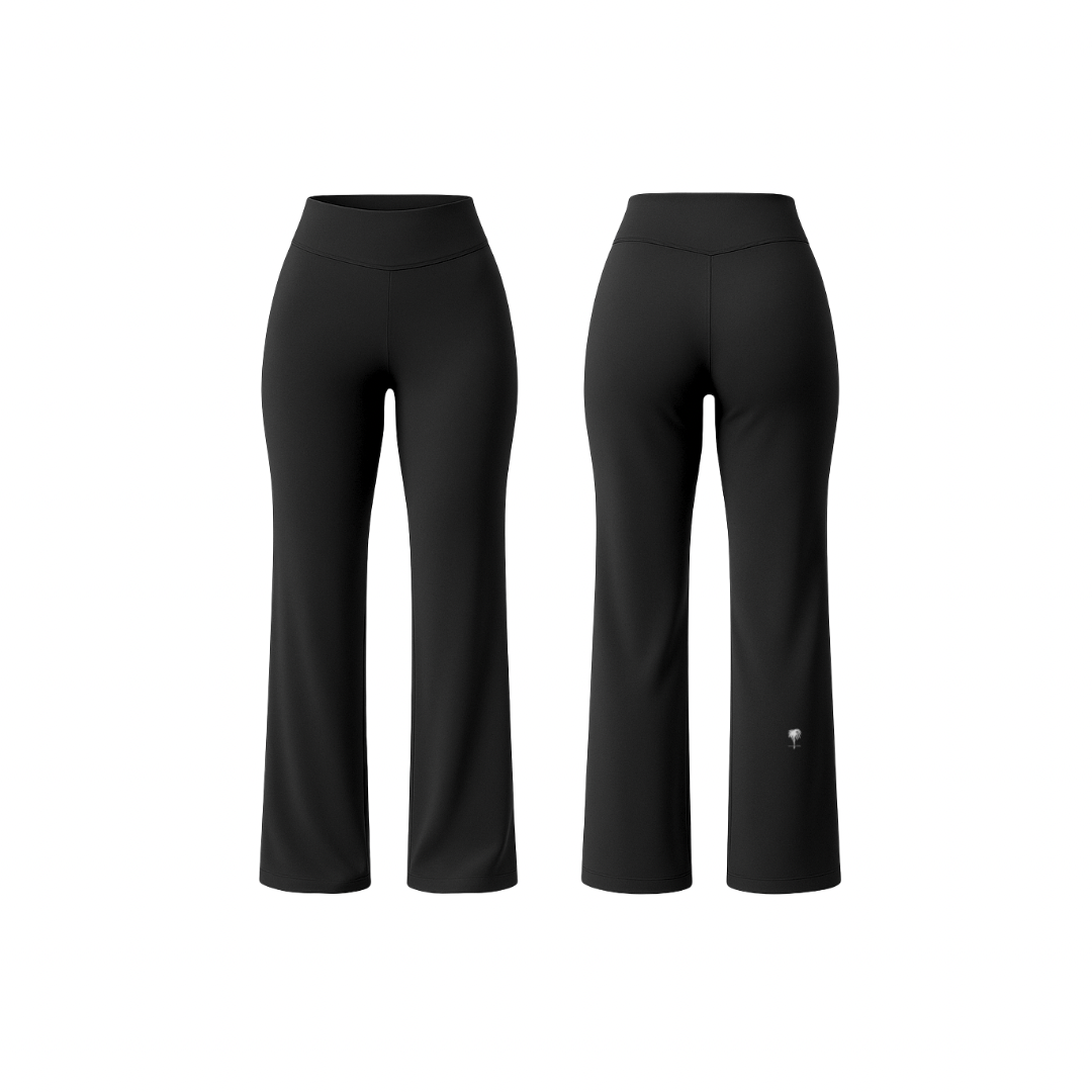 FlowFit™ leggings by The Palm in jet black — high-waisted sculpting flare silhouette with smooth seams and a second-skin finish, shown from front and back on a clean white background.