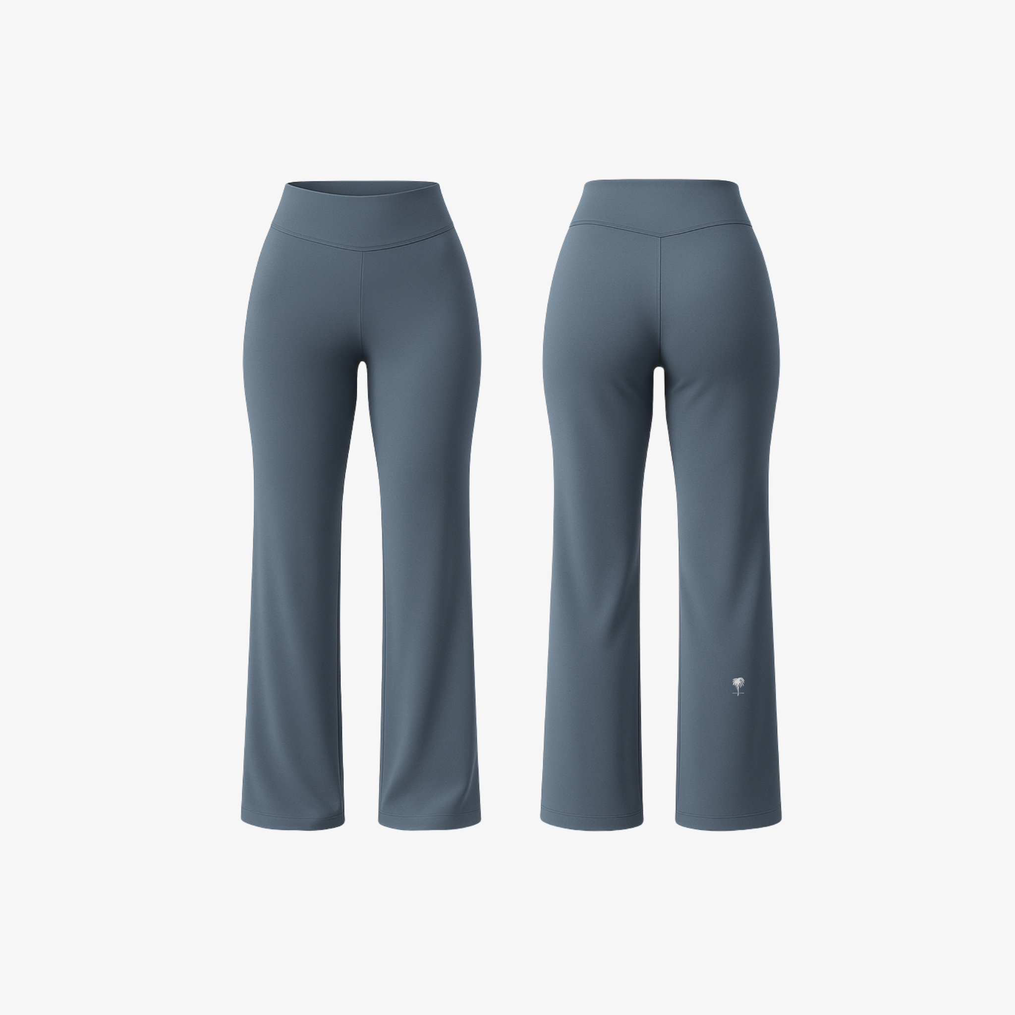The Palm FlowFit™ Leggings in Slate Blue-Grey. Sculpting high-rise silhouette in a cool-toned finish, crafted from smooth second-skin fabric with a fluid flared leg for effortless movement.