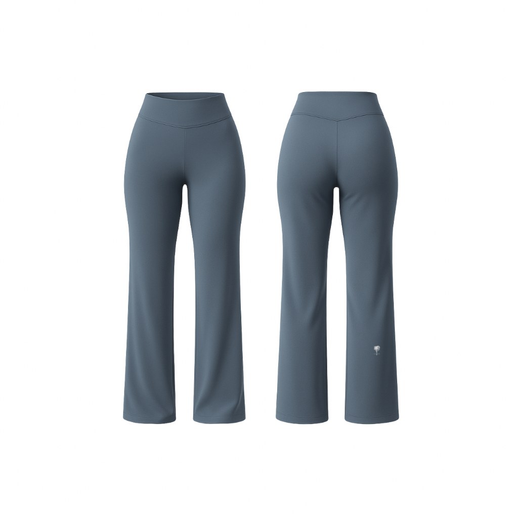 FlowFit™ leggings by The Palm in slate blue grey — high-waisted sculpting flare silhouette with smooth seams and a second-skin finish, shown from front and back on a clean white background.