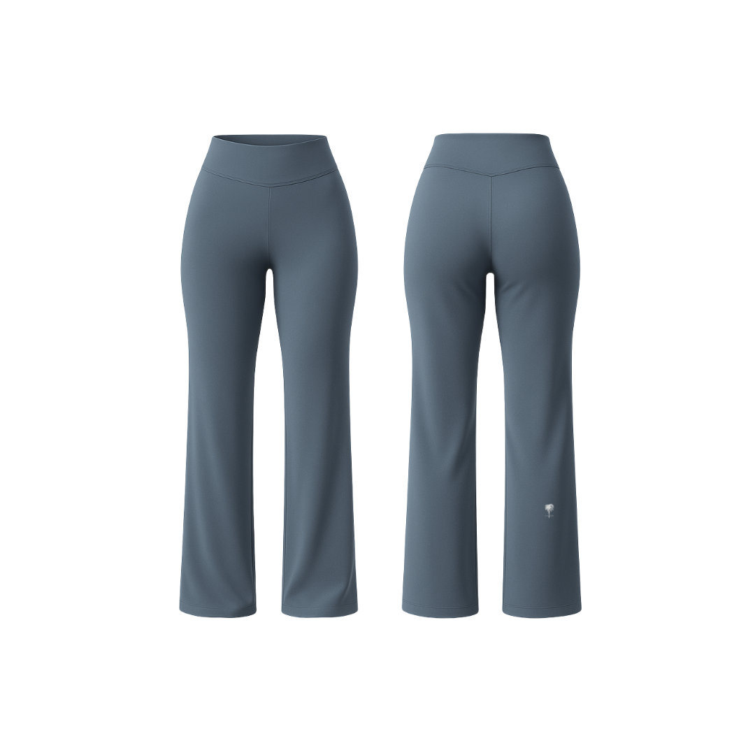 FlowFit™ leggings by The Palm in slate blue grey — high-waisted sculpting flare silhouette with smooth seams and a second-skin finish, shown from front and back on a clean white background.