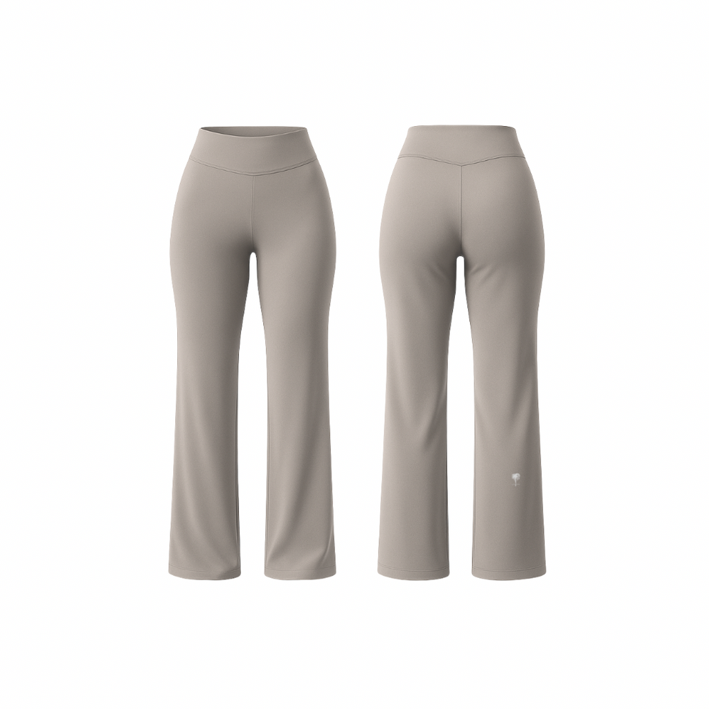 FlowFit™ leggings by The Palm in stone — high-waisted sculpting flare silhouette with smooth seams and a second-skin finish, shown from front and back on a clean white background.