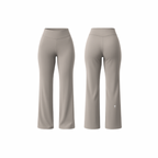 FlowFit™ leggings by The Palm in stone — high-waisted sculpting flare silhouette with smooth seams and a second-skin finish, shown from front and back on a clean white background.