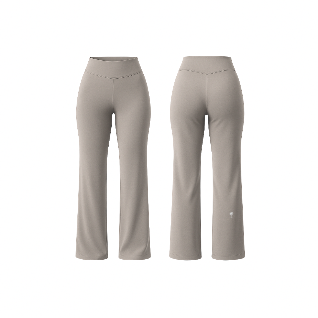 FlowFit™ leggings by The Palm in stone — high-waisted sculpting flare silhouette with smooth seams and a second-skin finish, shown from front and back on a clean white background.