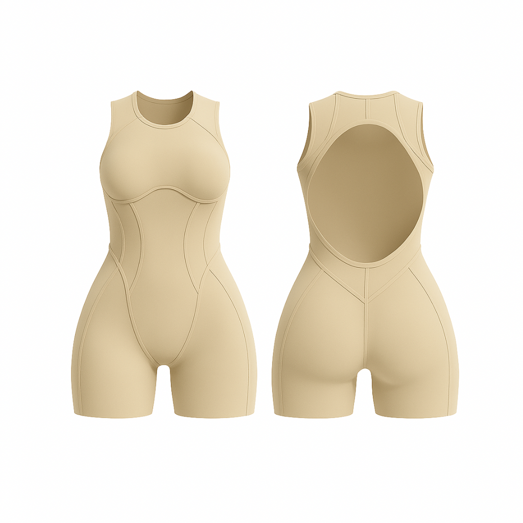 The Palm FlowForm™ Open-Back Romper in light beige. Sleek one-piece with a cut-out back, contour seams, and a soft neutral tone for a refined and versatile look.