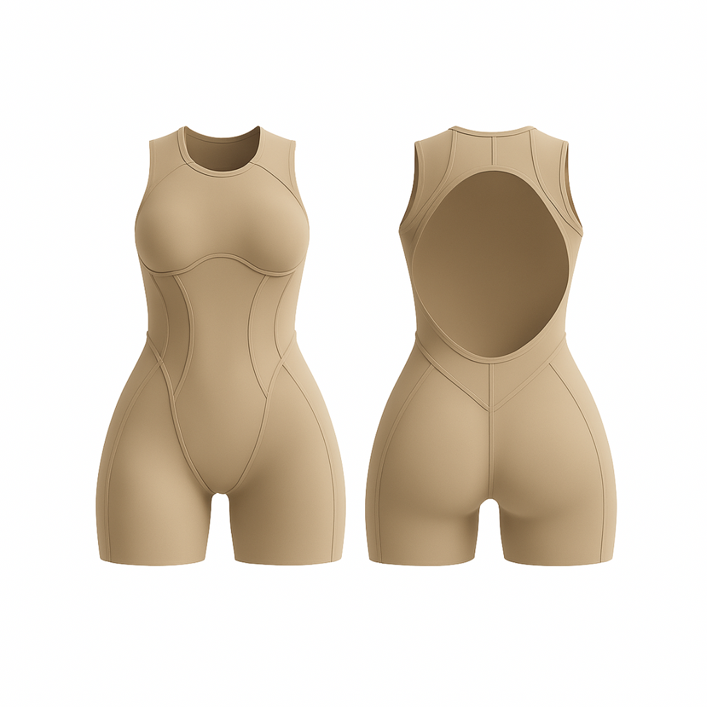 The Palm FlowForm™ Open-Back Romper in beige nude. Elegant one-piece with an open back, contour seams, and a soft, flattering shade perfect for a neutral wardrobe.