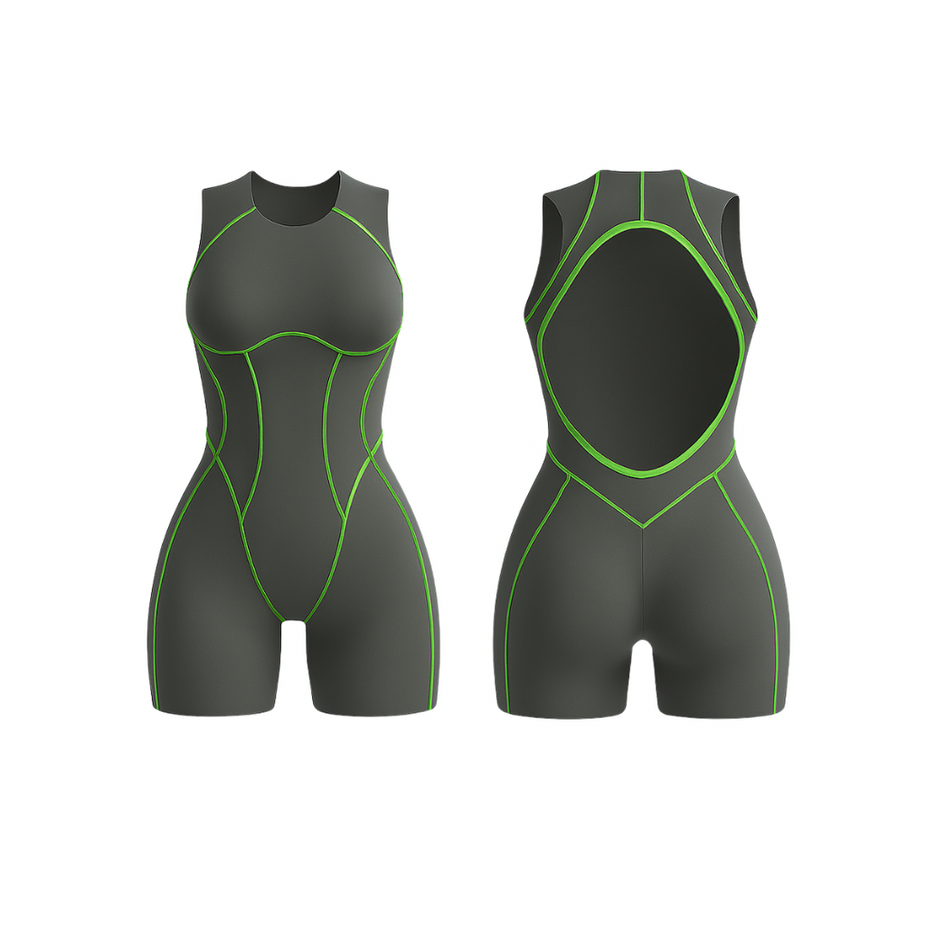 The Palm – FlowForm™ Open-Back Romper in black with neon green contour detailing. Sculpting one-piece with an open-back cutout, designed for breathability and a bold, athletic look. Made from seamless, four-way stretch fabric for comfort, flexibility, and a flattering fit.