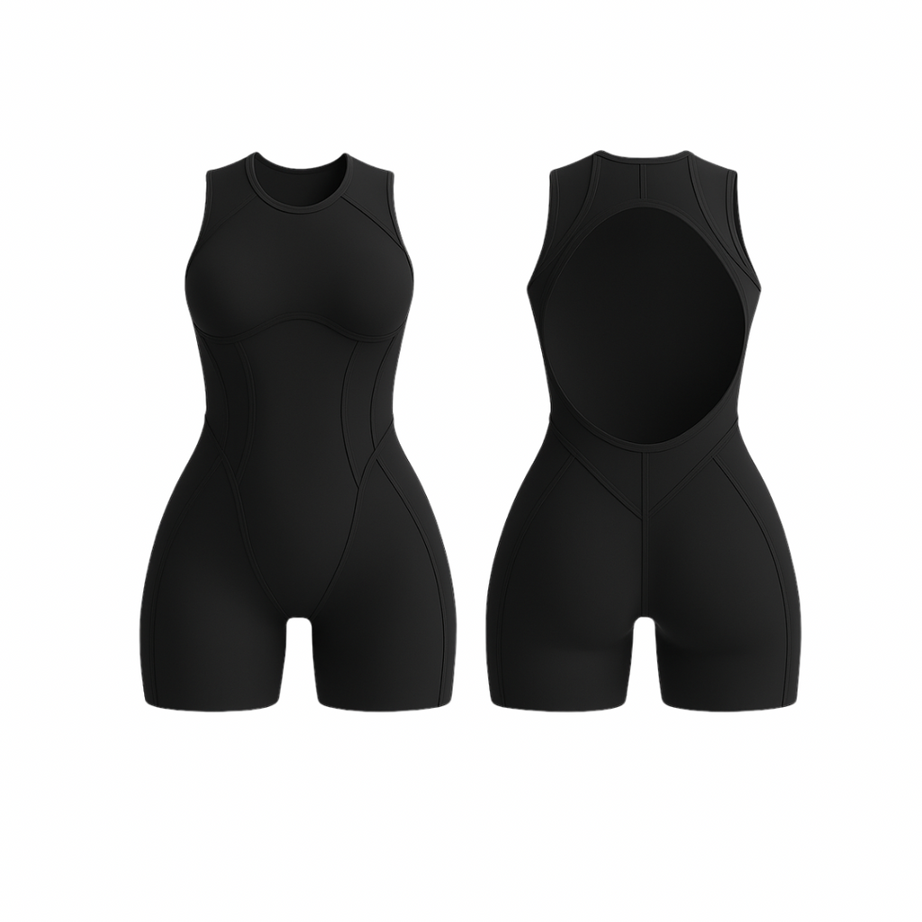 The Palm FlowForm™ Open-Back Romper in black. Sleek one-piece activewear with a cut-out back, high neckline, and contouring seam lines. Designed with breathable, stretchy fabric for sculpting support and all-day comfort.