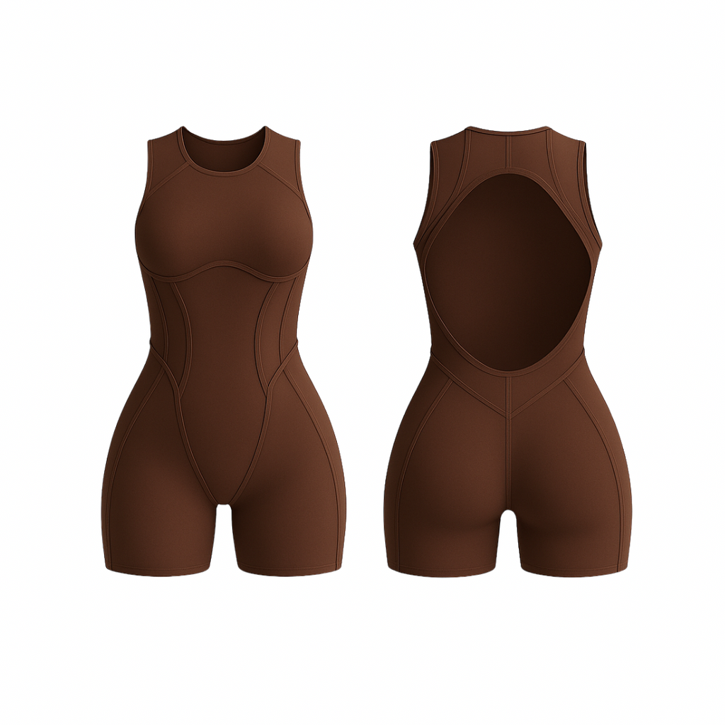 The Palm FlowForm™ Open-Back Romper in coffee brown. Chic one-piece with an open-back cut-out, contour stitching, and a rich warm tone for a bold, sophisticated look.