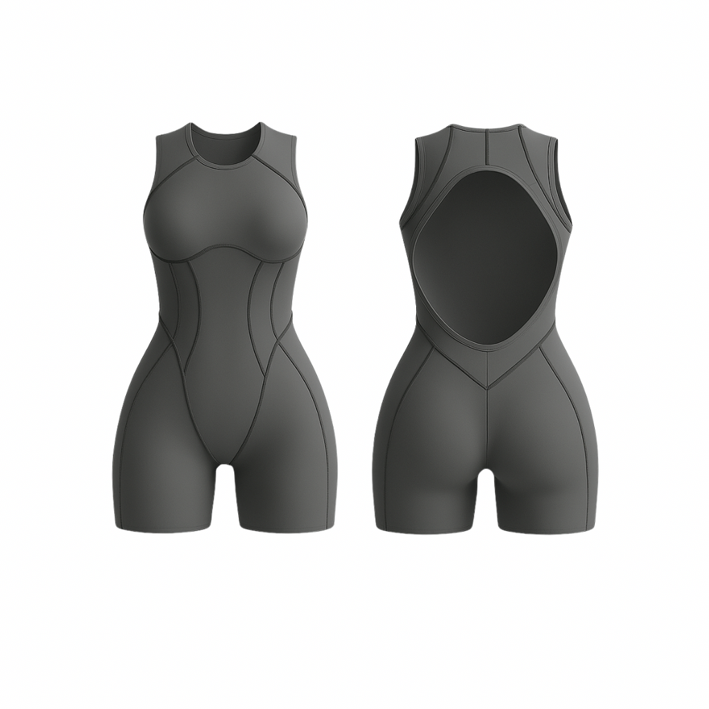 The Palm FlowForm™ Open-Back Romper in gray. Sleek one-piece activewear with a cut-out back, high neckline, and contouring seam lines. Crafted from breathable, stretchy fabric for sculpting support and effortless movement.