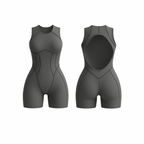 The Palm FlowForm™ Open-Back Romper in gray. Sleek one-piece activewear with a cut-out back, high neckline, and contouring seam lines. Crafted from breathable, stretchy fabric for sculpting support and effortless movement.