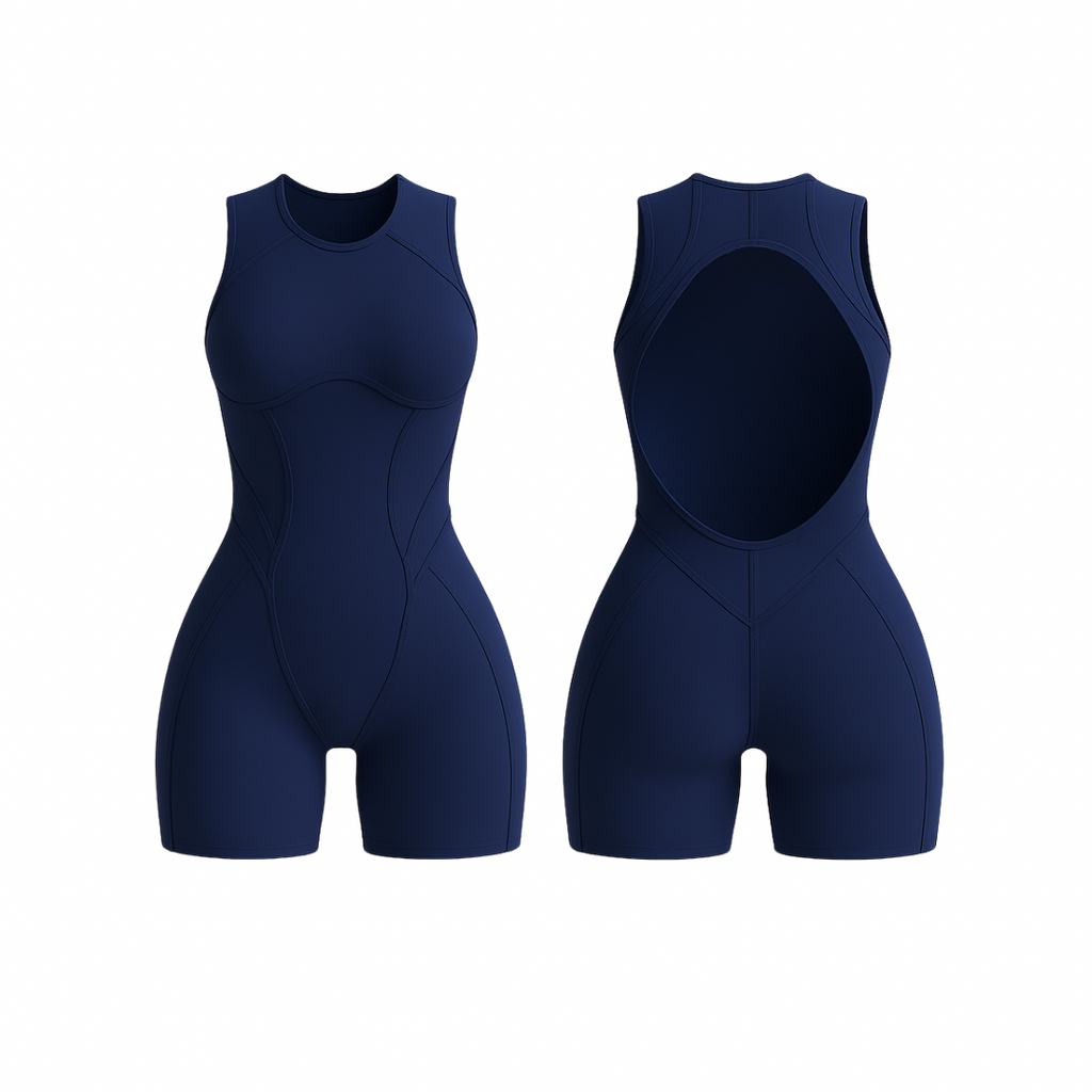 The Palm – FlowForm™ Open-Back Romper in navy blue. Sleek one-piece design with a sculpting fit, featuring an open-back cutout for breathability and style. Crafted from soft, seamless, four-way stretch fabric for movement, comfort, and a flattering silhouette.