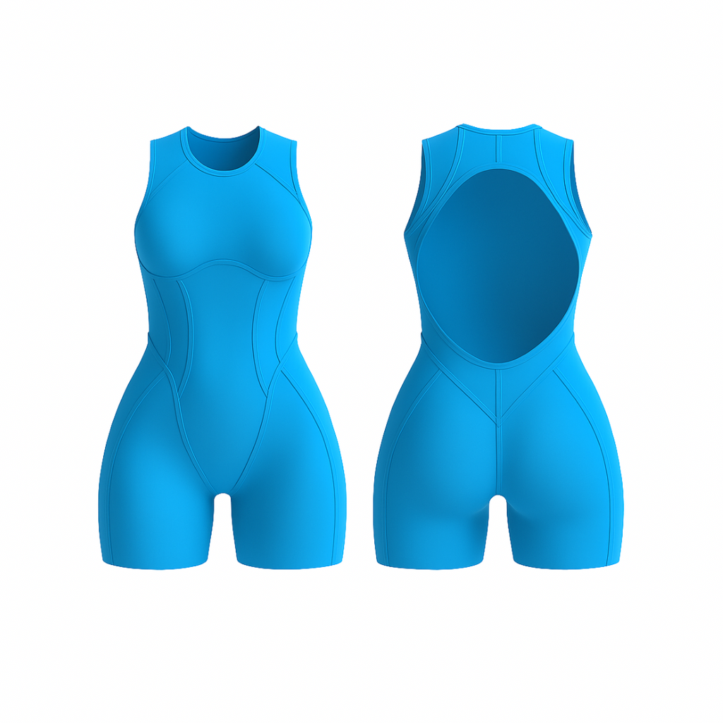 The Palm FlowForm™ Open-Back Romper in light blue. Sleek one-piece with a cut-out back, high neckline, and sculpting seam lines. Crafted from breathable, stretchy fabric for a flattering fit and all-day comfort.