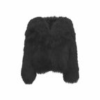 The Palm — FurMuse™ Coat in jet black. Timeless and sleek, this faux-fur piece features a silky satin lining and cropped sculpted shape for modern edge and luxury comfort.