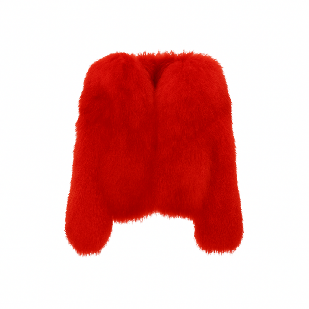 The Palm — FurMuse™ Coat in red. Crafted from ultra-soft faux fur with a silky satin lining and cropped sculpted fit, this piece captures modern winter luxury with warmth and confidence.