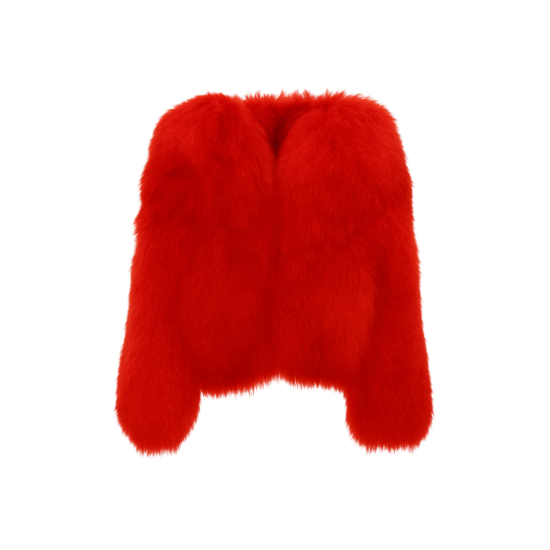 The Palm — FurMuse™ Coat in red. Crafted from ultra-soft faux fur with a silky satin lining and cropped sculpted fit, this piece captures modern winter luxury with warmth and confidence.