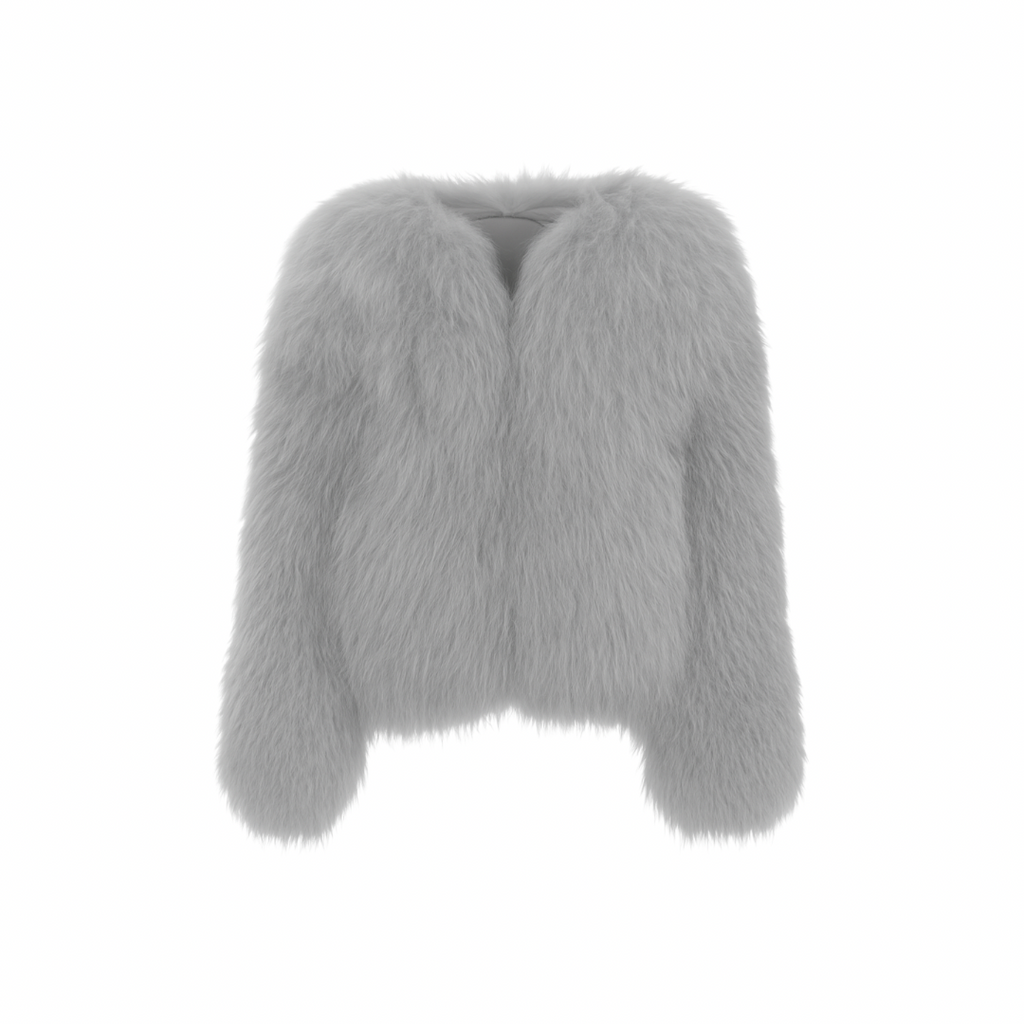 The Palm — FurMuse™ Coat in stone sculpt grey. A statement of understated luxury, crafted from plush faux fur with satin lining and a refined cropped form.