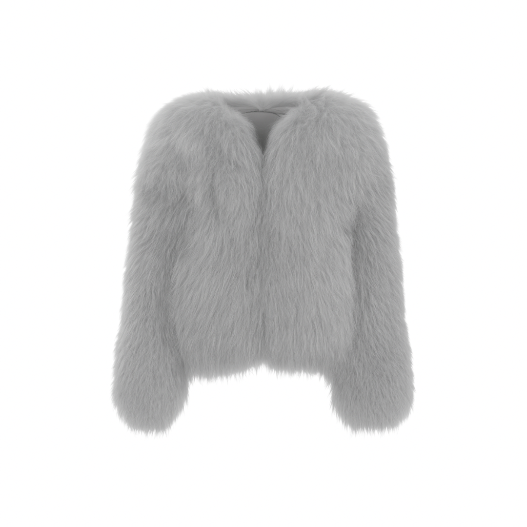 The Palm — FurMuse™ Coat in stone sculpt grey. A statement of understated luxury, crafted from plush faux fur with satin lining and a refined cropped form.