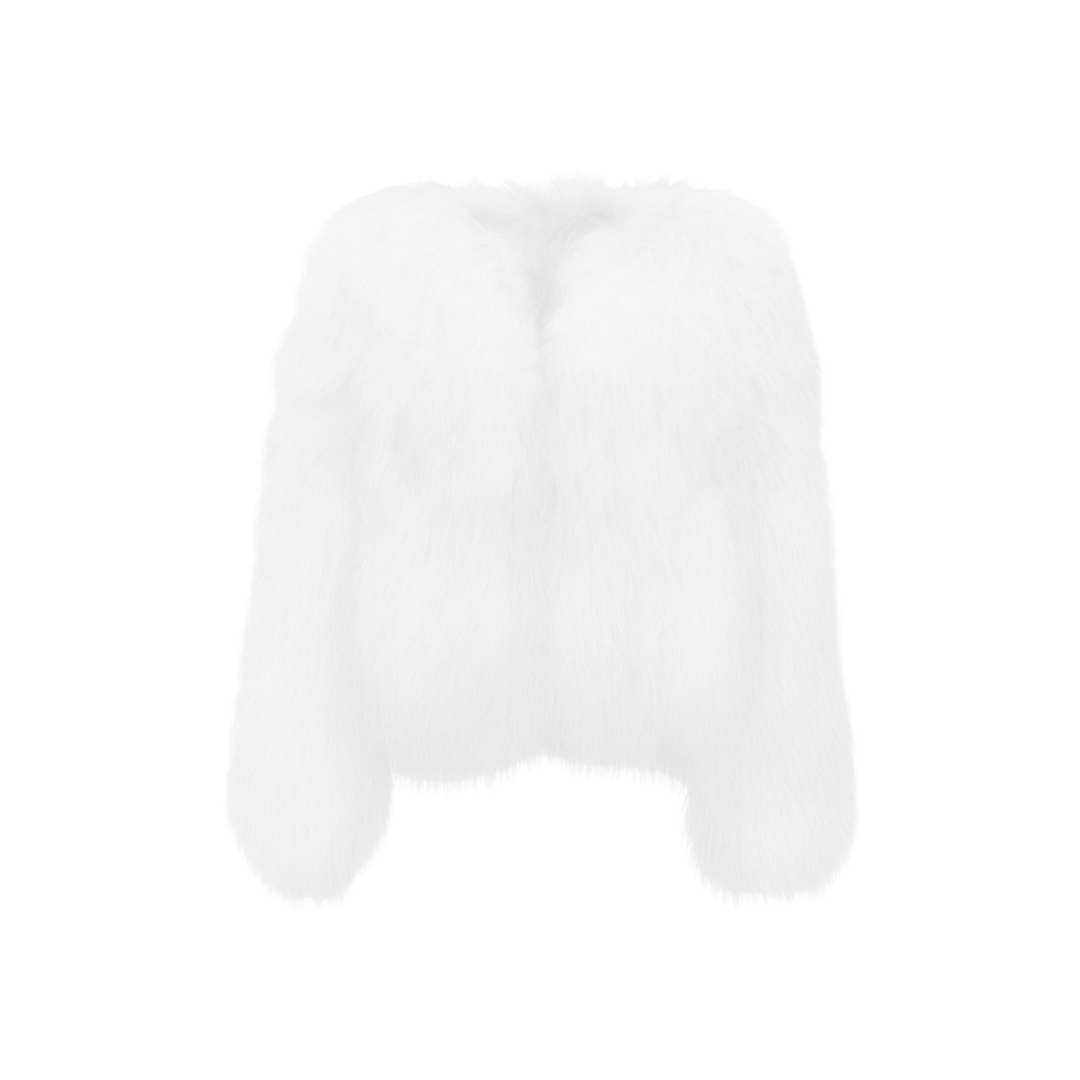 The Palm — FurMuse™ Coat in white. Soft faux fur with a silky lining and a minimal cropped fit — pure elegance and elevated warmth.
