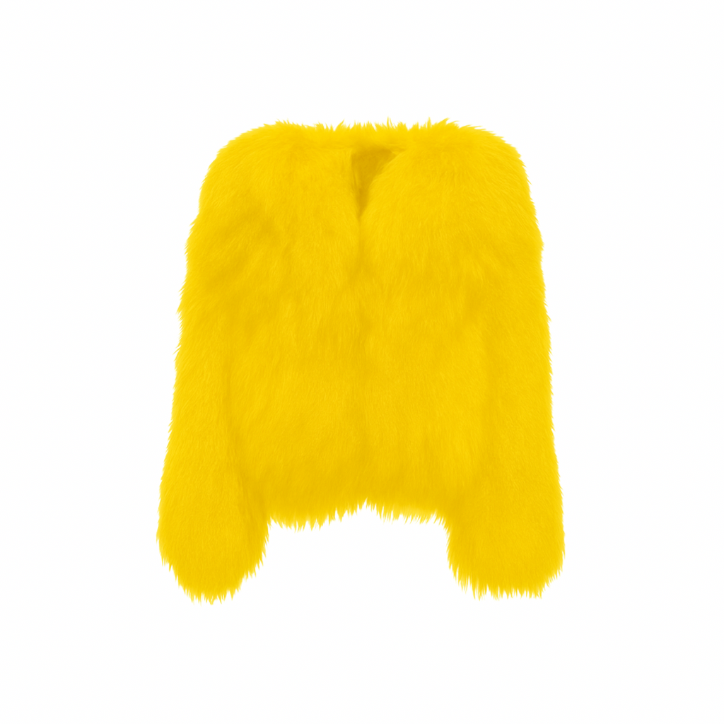 The Palm — FurMuse™ Coat in vivid yellow. Plush faux fur meets a smooth satin lining in a cropped silhouette that redefines playful elegance.