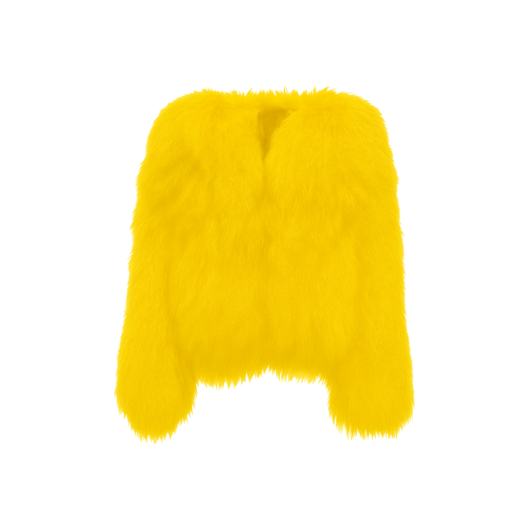 The Palm — FurMuse™ Coat in vivid yellow. Plush faux fur meets a smooth satin lining in a cropped silhouette that redefines playful elegance.