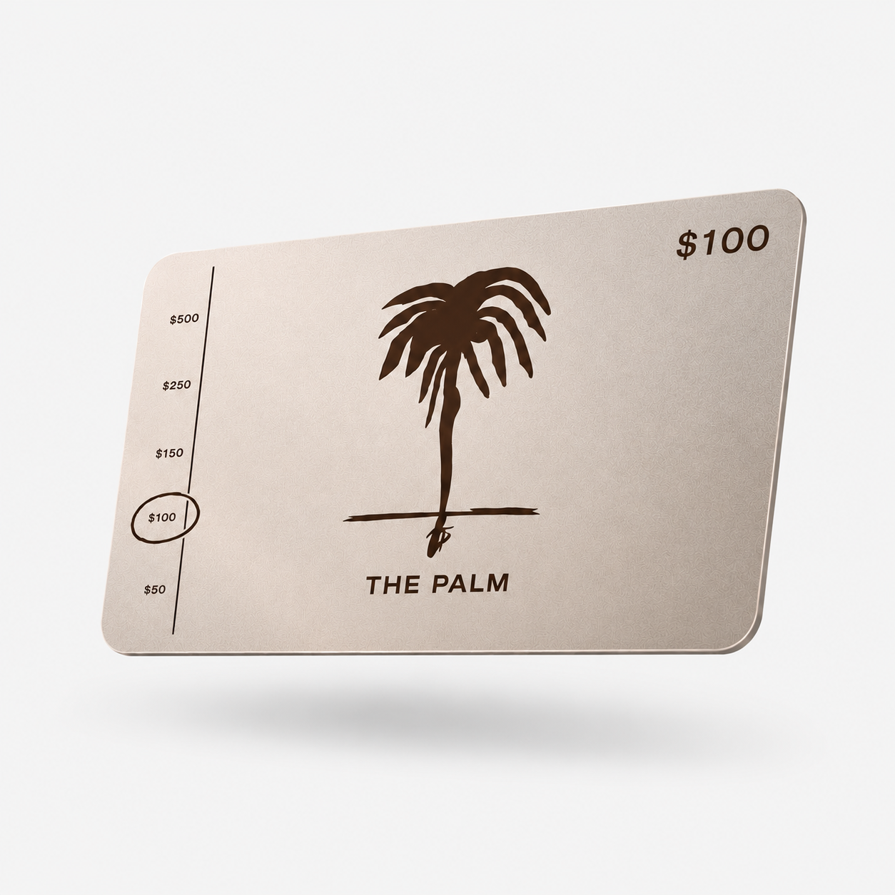 The Palm Gift Card in Canela featuring the signature palm logo in a soft metallic coffee tone. A minimalist and elegant digital gift card designed for premium activewear, essentials, and lifestyle pieces.