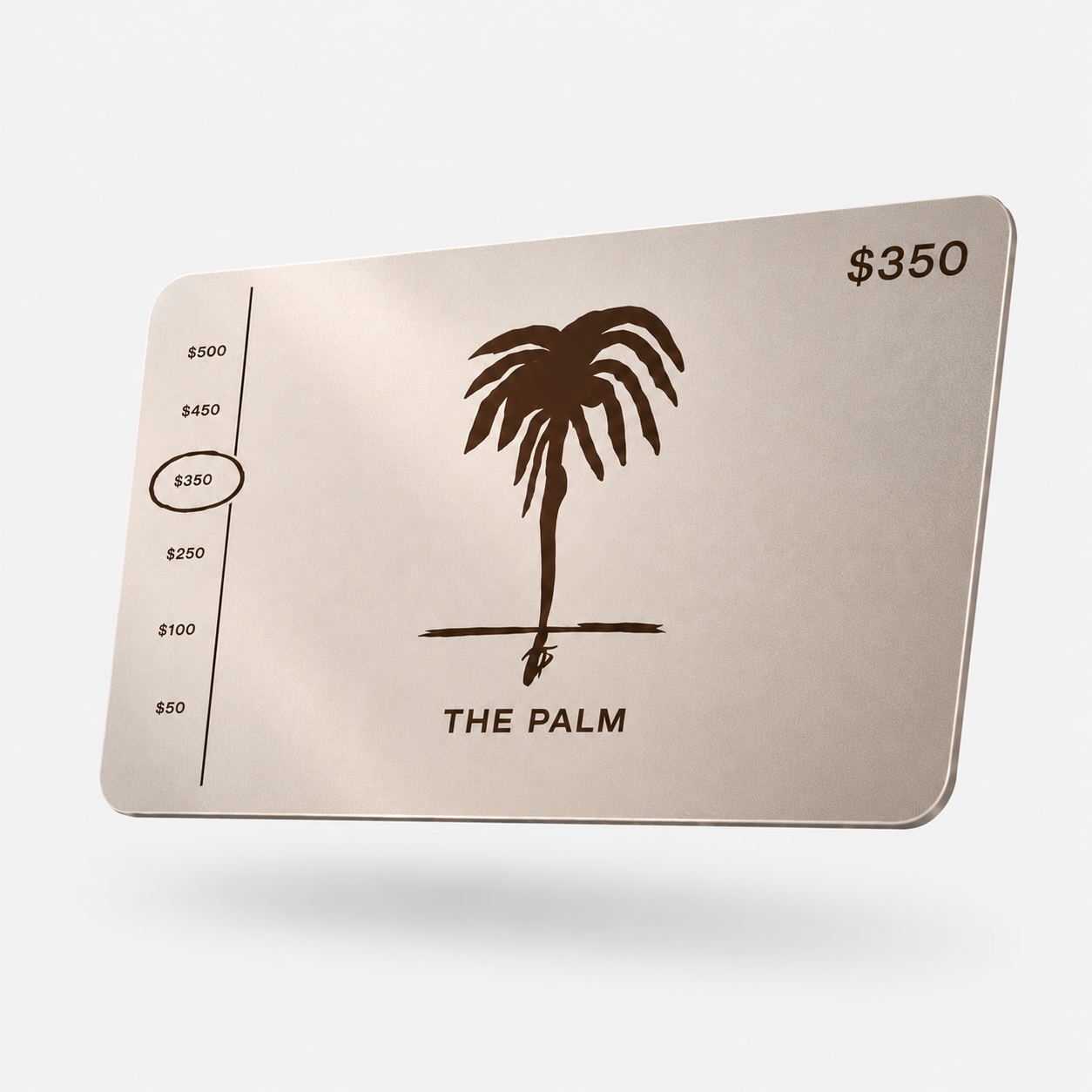 The Palm Gift Card in Canela featuring the signature palm logo in a soft metallic coffee tone. A minimalist and elegant digital gift card designed for premium activewear, essentials, and lifestyle pieces.