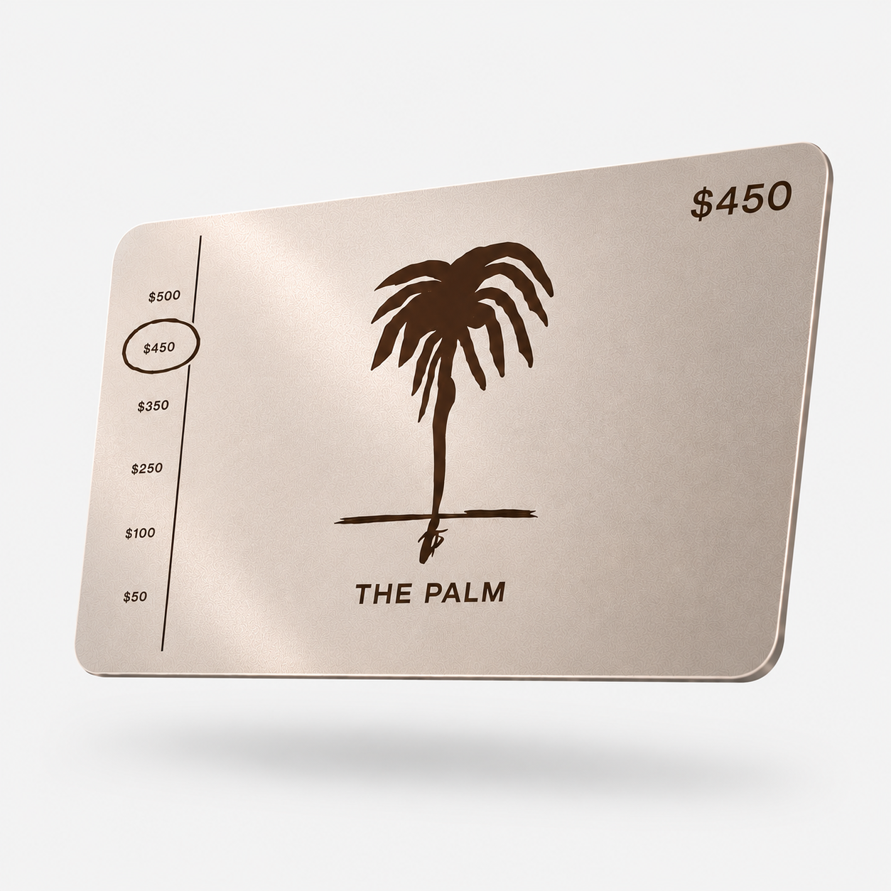 The Palm Gift Card in Canela featuring the signature palm logo in a soft metallic coffee tone. A minimalist and elegant digital gift card designed for premium activewear, essentials, and lifestyle pieces.