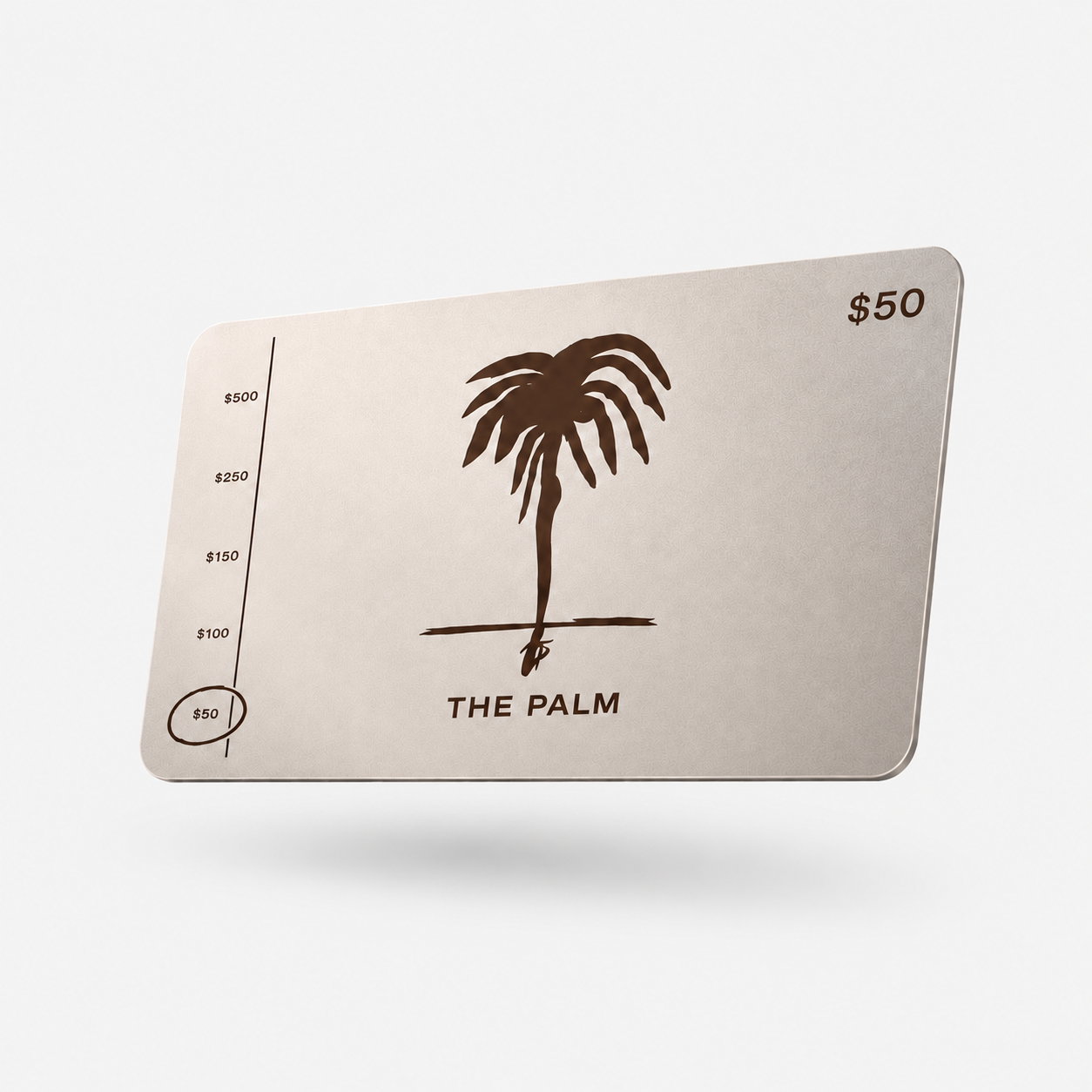 The Palm Gift Card in Canela featuring the signature palm logo in a soft metallic coffee tone. A minimalist and elegant digital gift card designed for premium activewear, essentials, and lifestyle pieces.
