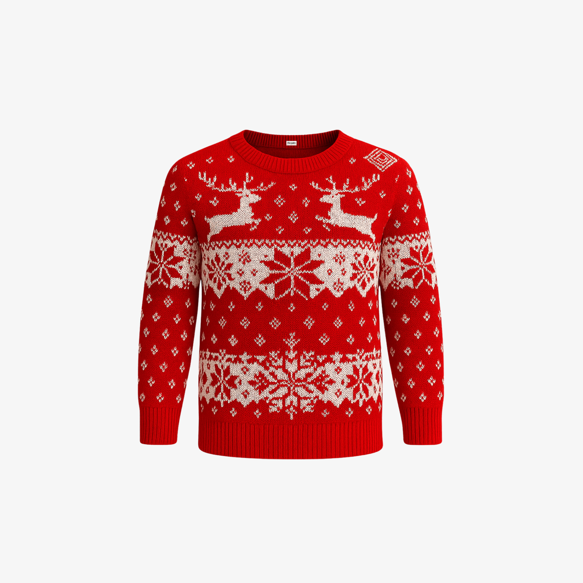 The Palm GraceKnit™ Sweater in Deep Red with classic reindeer and snowflake knit pattern on a white background.