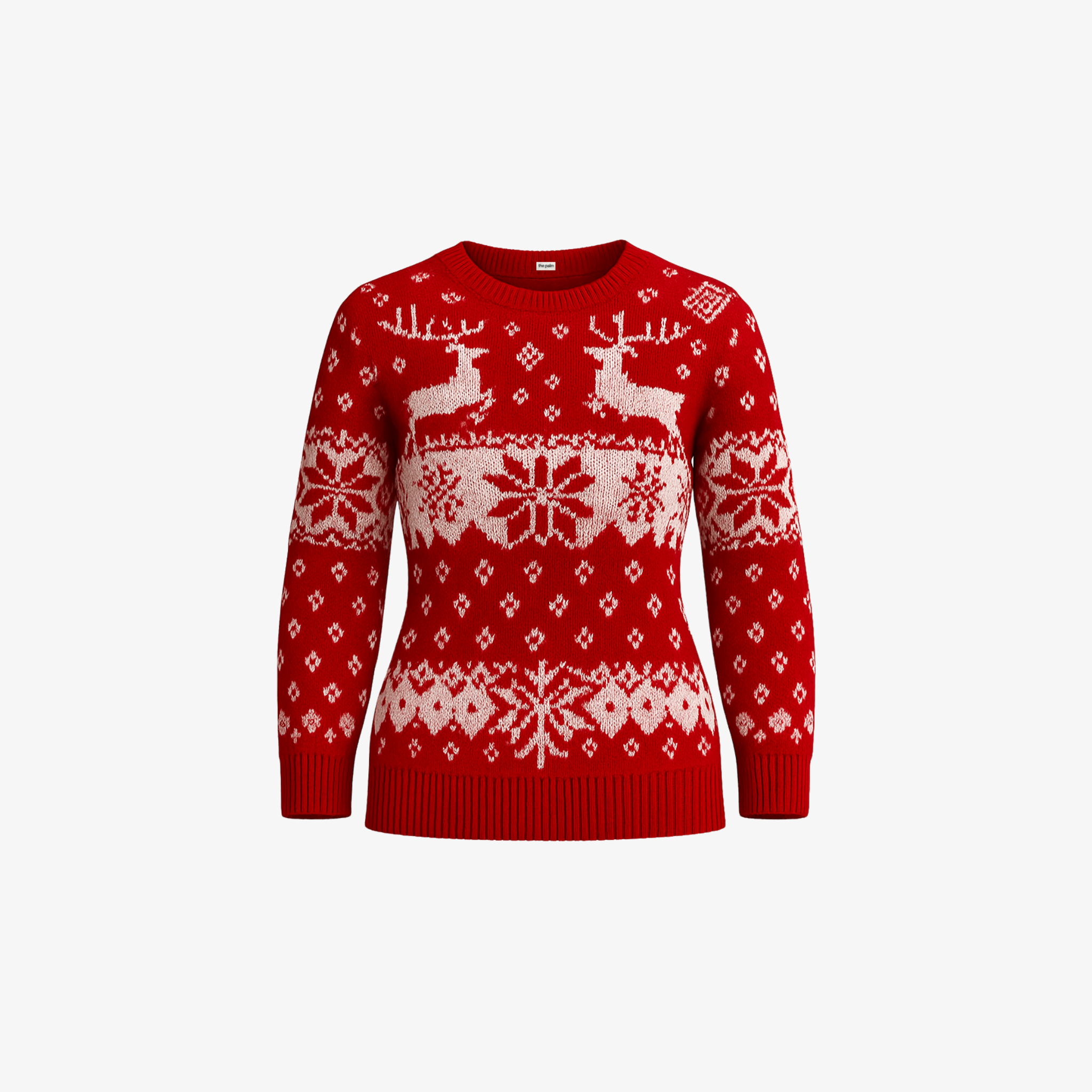 The Palm GraceKnit™ holiday sweater in Deep Red with reindeer and snowflake knit design, soft insulated winter fabric and classic unisex silhouette.