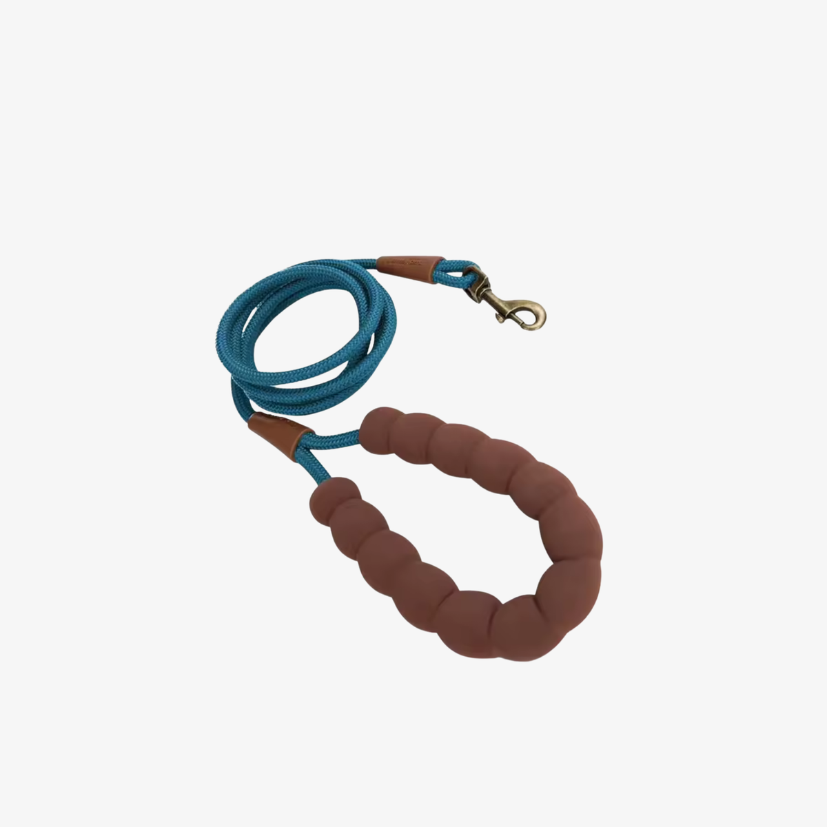 Blue braided nylon rope dog leash with a cushioned bead handle and heavy-duty metal clasp.