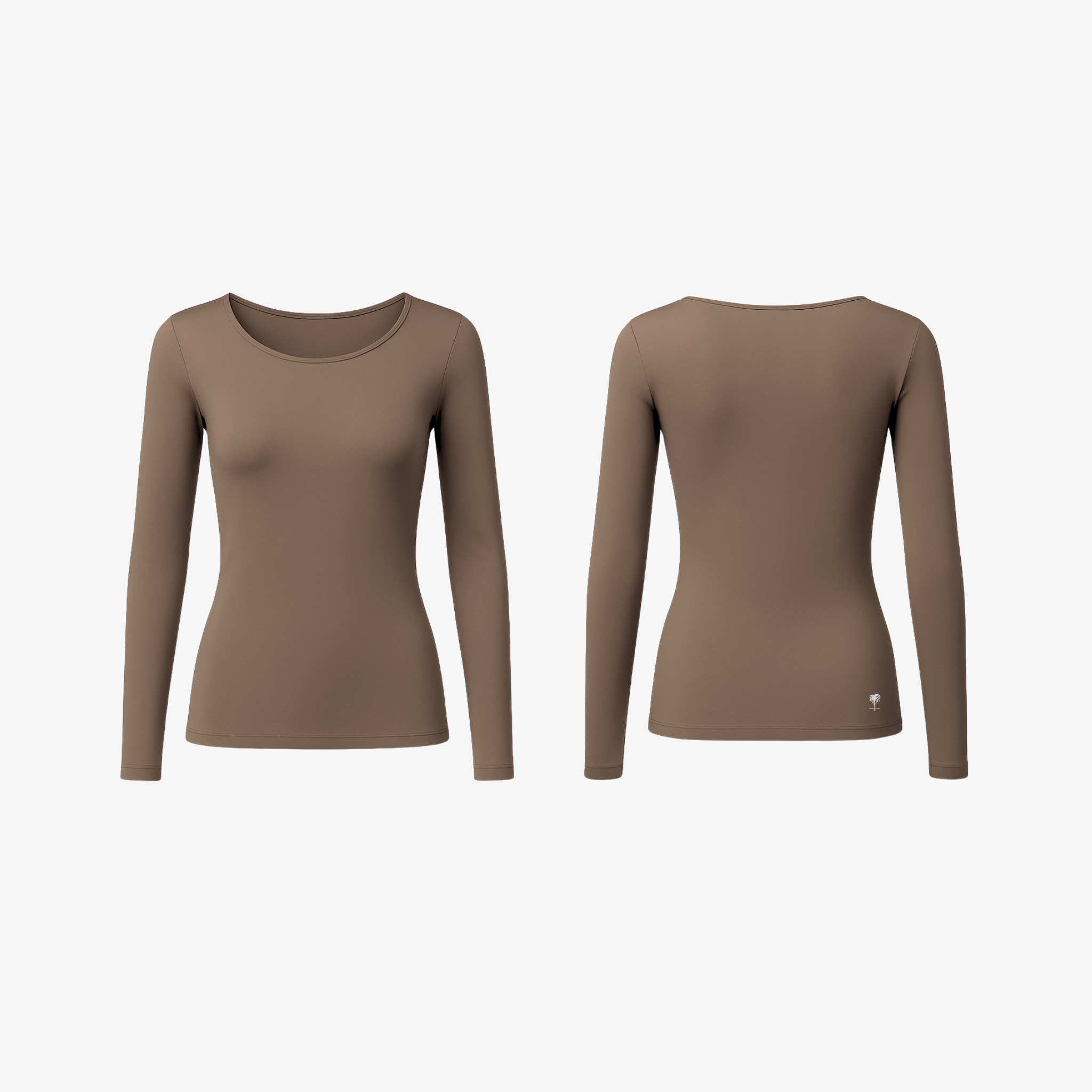 The Palm long sleeve activewear top in Mocha Taupe. Buttery soft stretch fabric with a refined fitted shape, offering sculpted comfort and elevated minimal style.