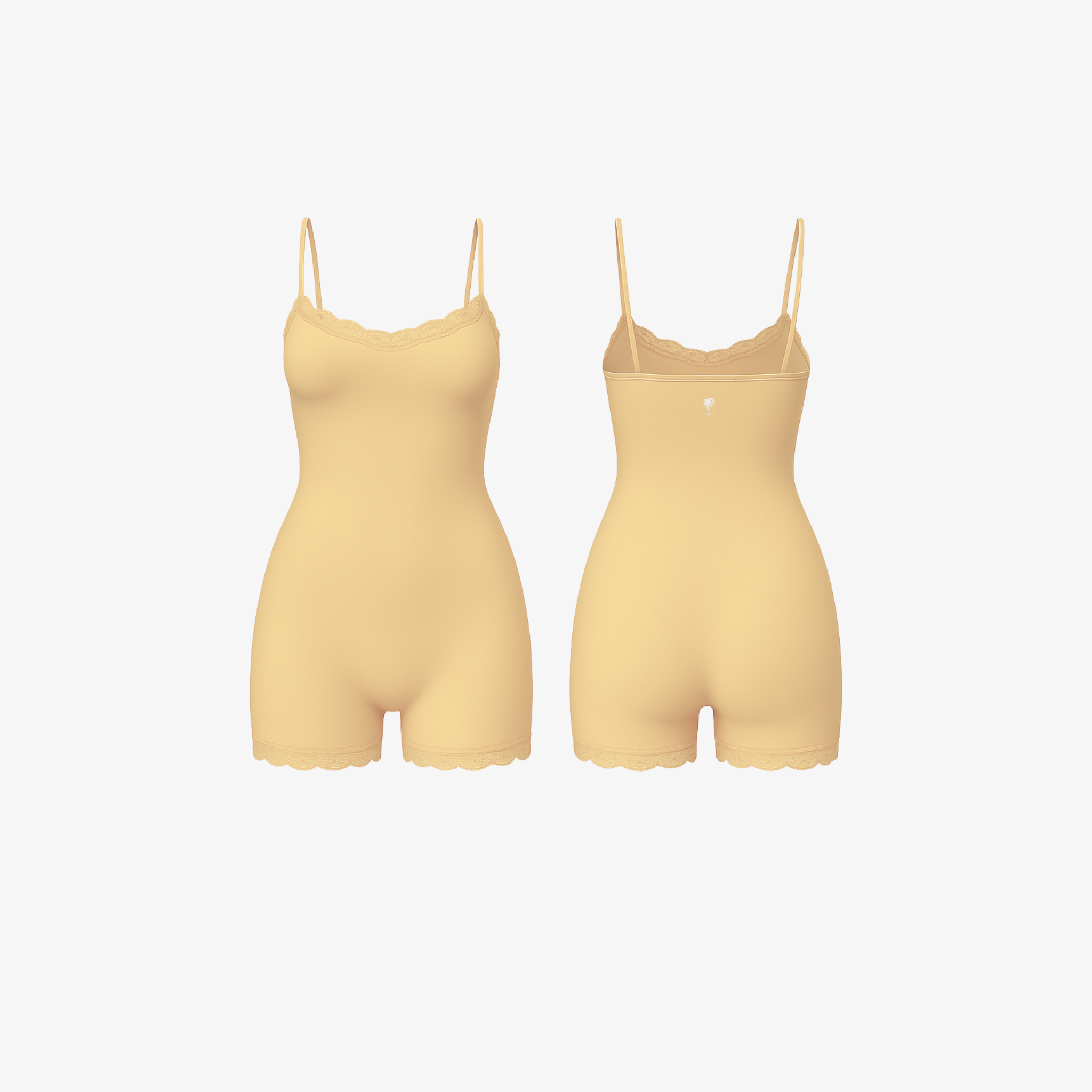 The Palm LunaHug™ Romper in Butter Nude. A softly contoured seamless silhouette designed for comfort, layering, and effortless femininity.