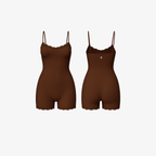 The Palm LunaHug™ Romper in Deep Mocha. A smooth, body-hugging silhouette with delicate lace detailing and breathable stretch support.