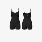 The Palm LunaHug™ Romper in Jet Black. Minimal seamless bodysuit with sculpting stretch and refined lace trim for an elevated everyday essential.