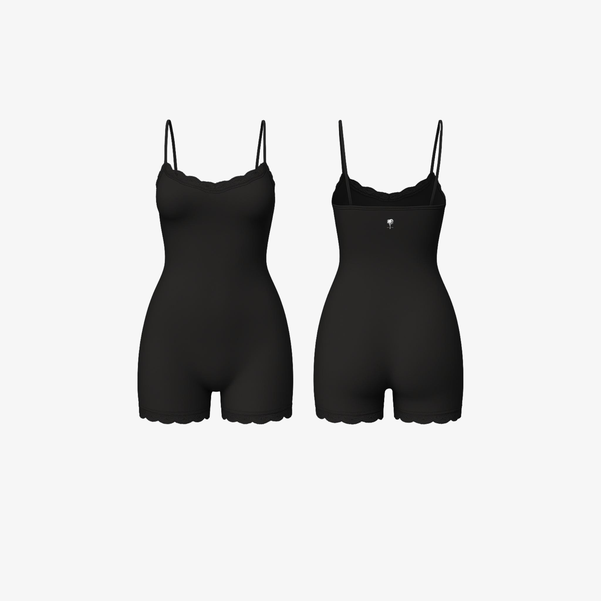 The Palm LunaHug™ Romper in Jet Black. Minimal seamless bodysuit with sculpting stretch and refined lace trim for an elevated everyday essential.