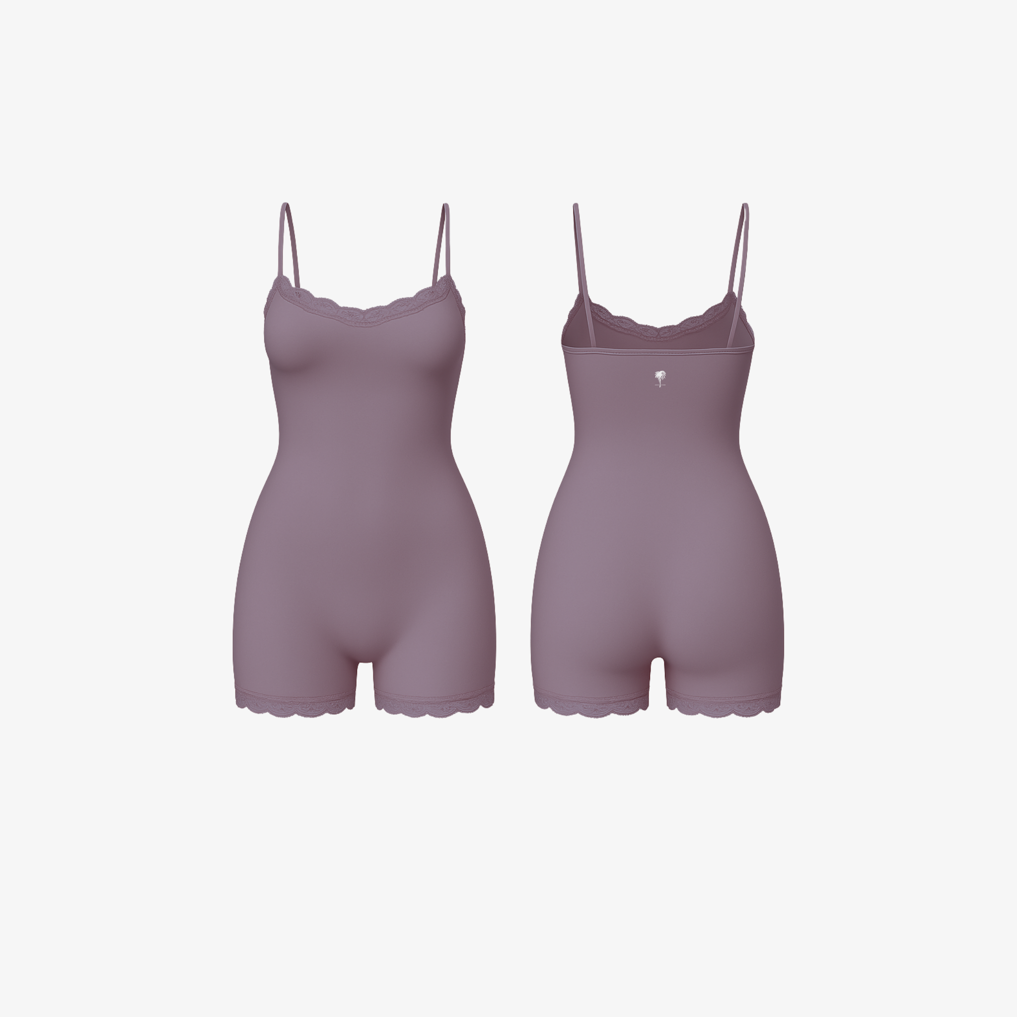 The Palm LunaHug™ Romper in Muted Mauve. Soft compression romper with lace edges and a smooth second-skin finish.