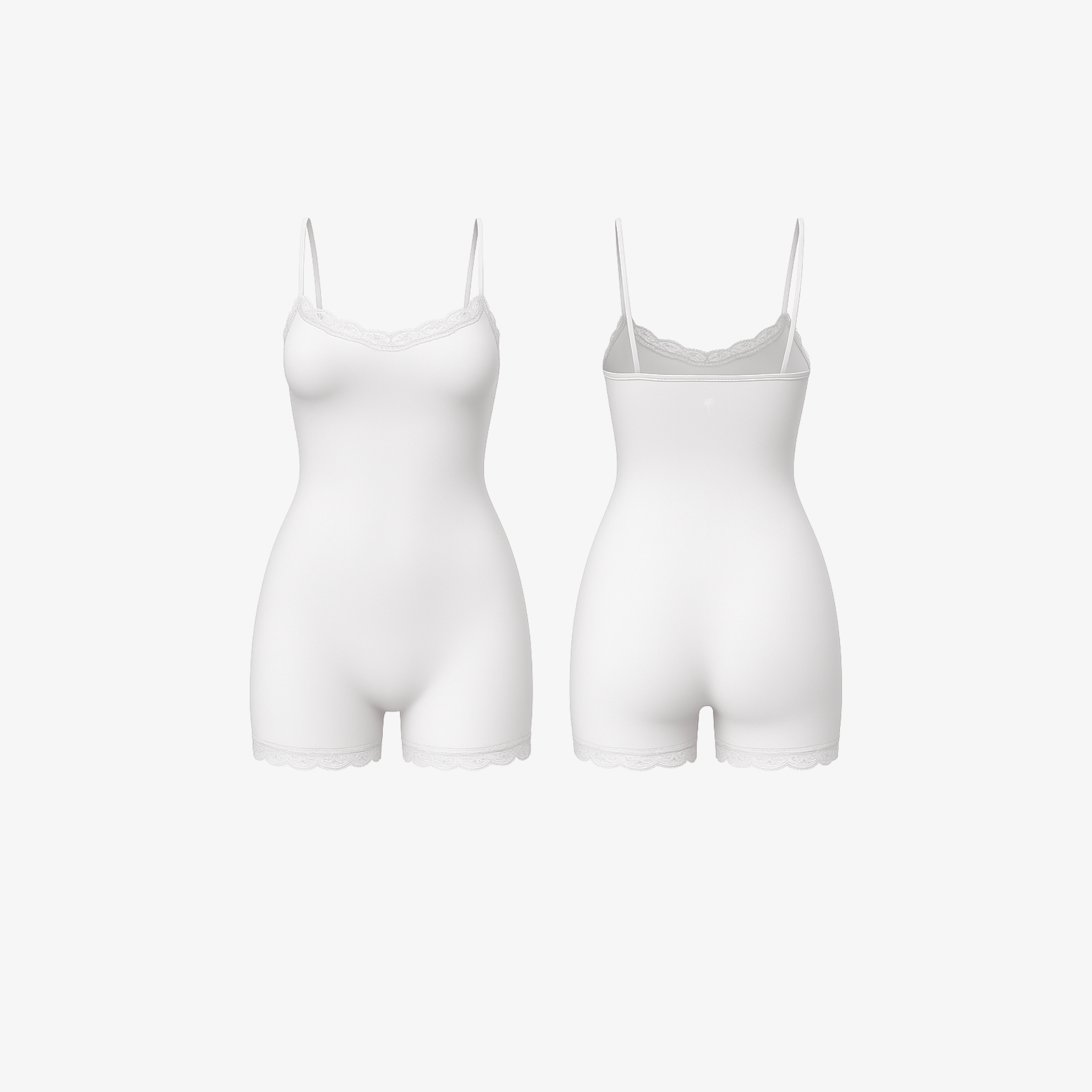 The Palm LunaHug™ Romper in White. Clean seamless design with sculpting stretch and refined lace trim for a minimal, elevated look.