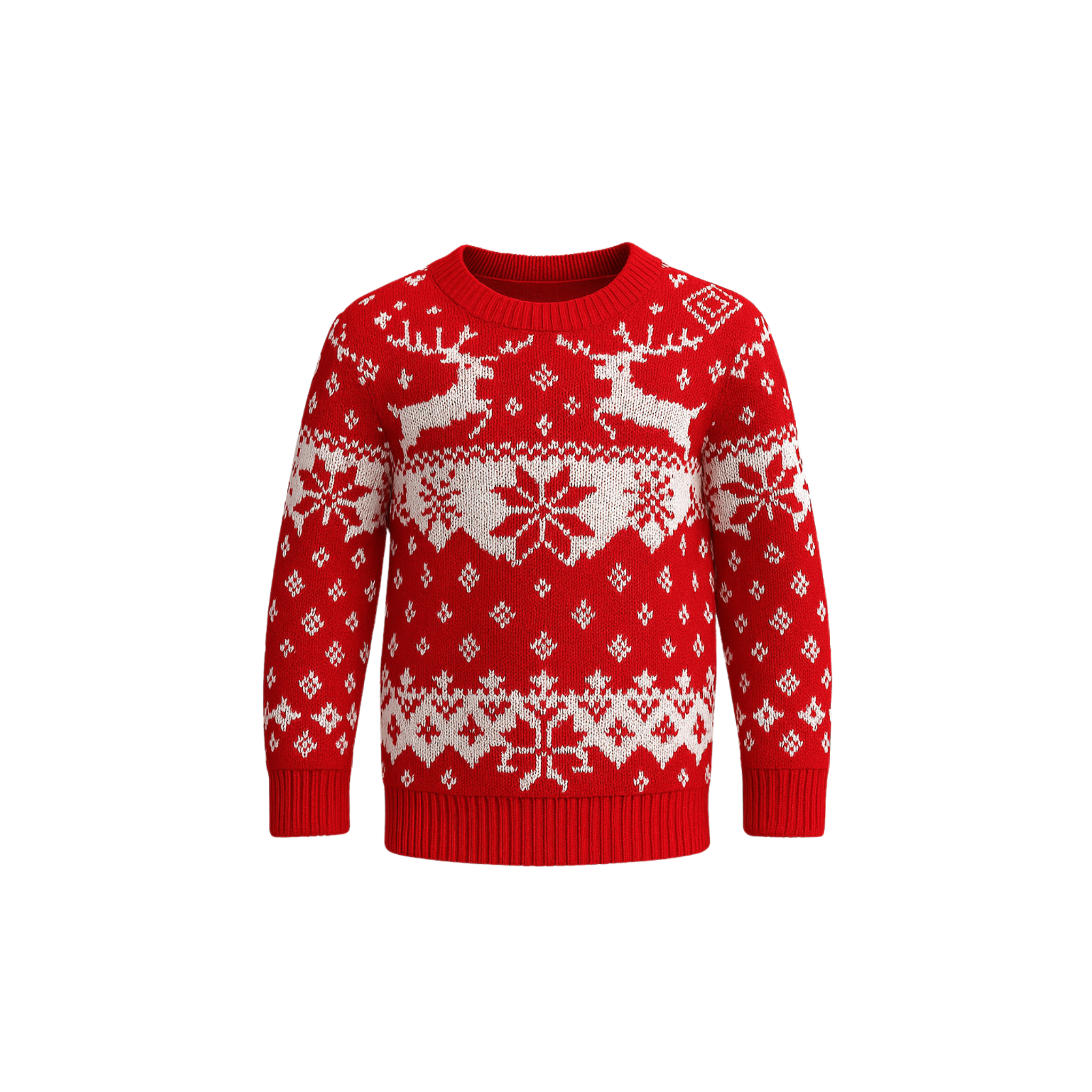 A red MiniKnit™ sweater by The Palm featuring a soft knit texture with white reindeer and snowflake detailing, photographed on a clean white background.